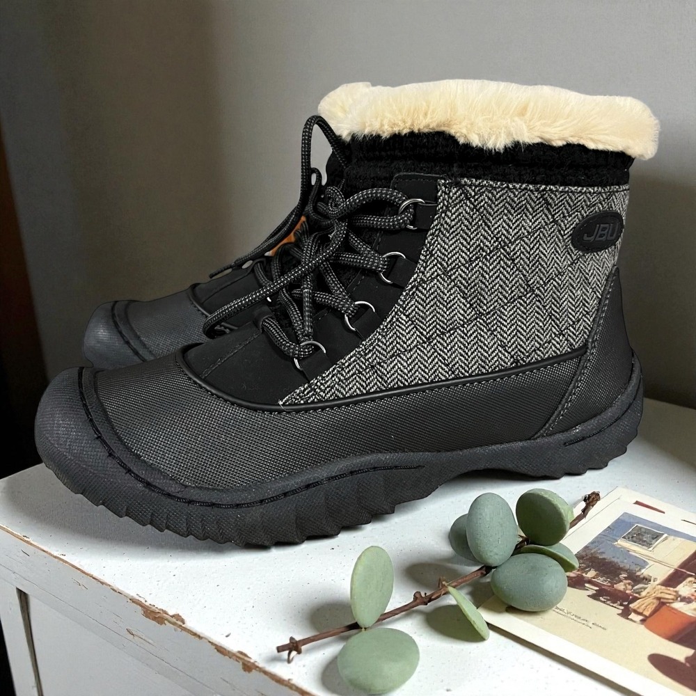 JBU by Jambu Jane Black Herringbone Fur Trim Winter Boots Womens 7.5